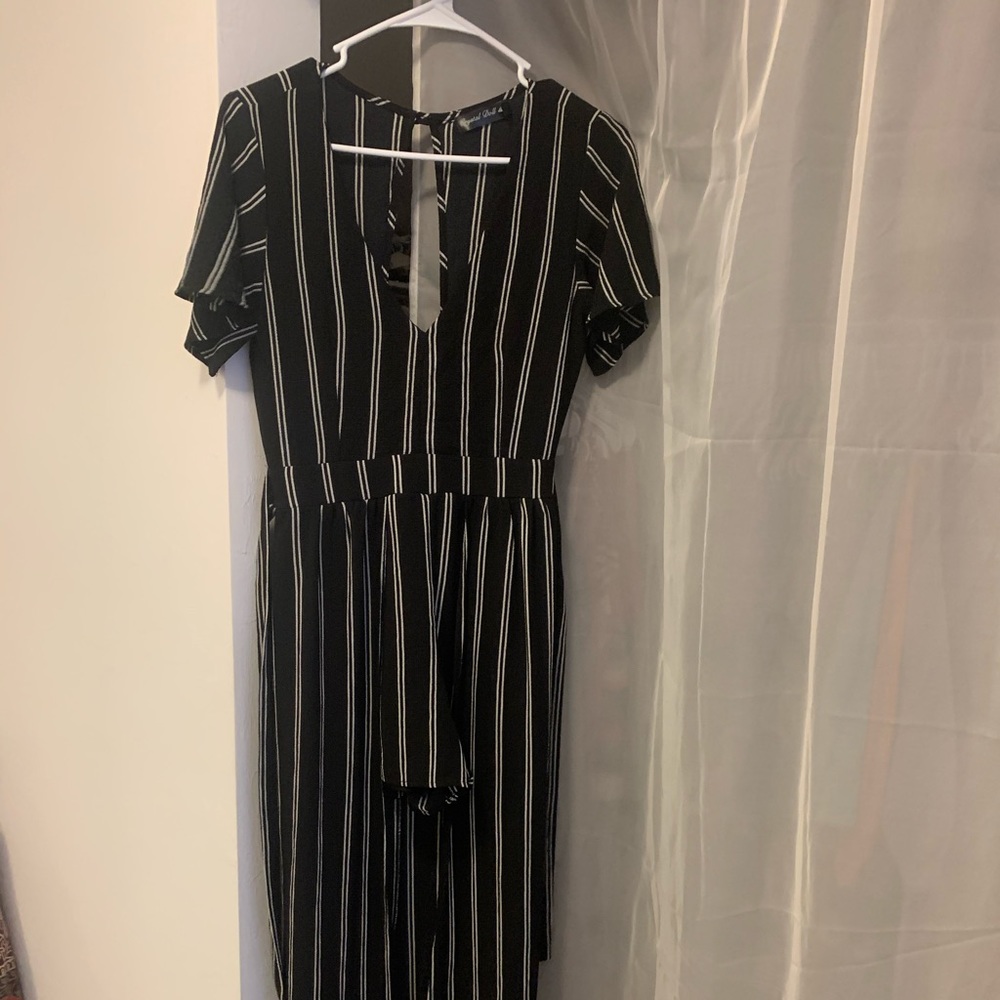 striped jumpsuit romper with long train